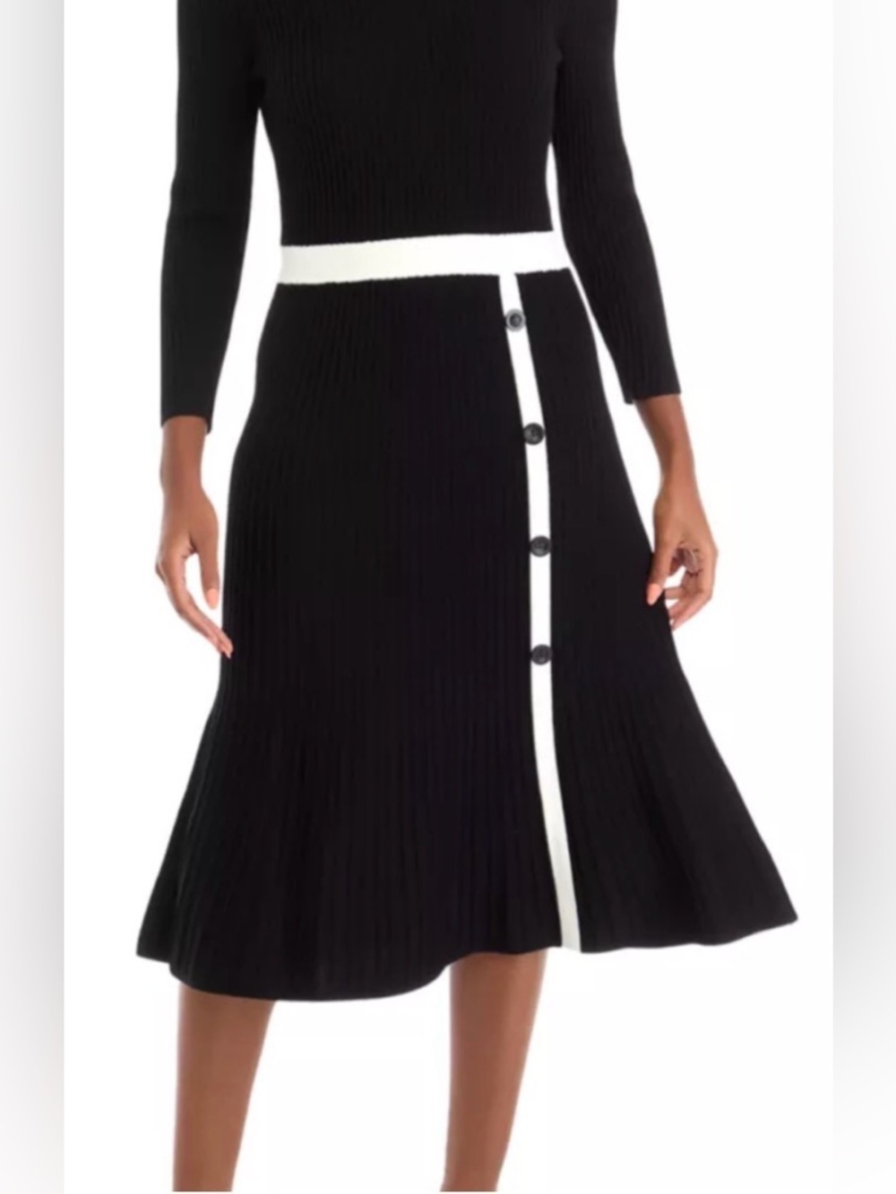 Sandra Darren Black White Sweater Dress A-Line Contrast Trim Button PL NWT - Picture 3 of 16